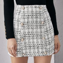 SHEIN Double Button Plaid Tweed Skirt