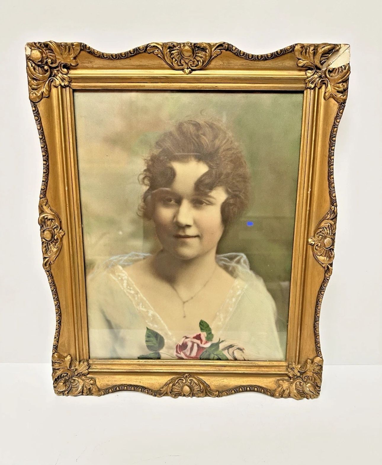 Antique Hand Color Photograph Portrait of a Young Woman with Gilded Frame