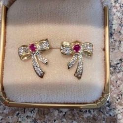 14k Gold Earrings With Ruby & Diamonds 