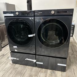 Samsung Bespoke Navy Blue Steel Frontload Washer And Dryer Set Electric With Pedestals New Scratch And Dent 