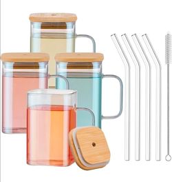 Huahangna Square Drinking Glasses With Handle Set of 4