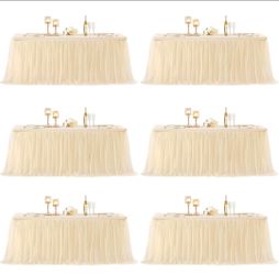 6 pack Champagne Tablecloth spandex for 8 Foot Rectangle Tables, Ruffle Tulle Table Skirt for Rectangle party decor