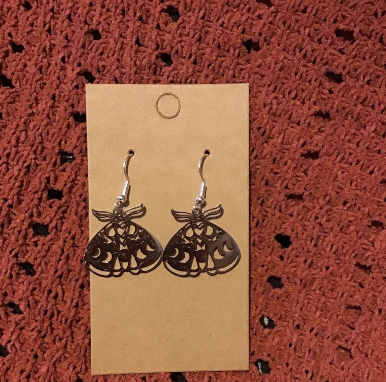 Silver Moth with Crescent Moon Earrings 