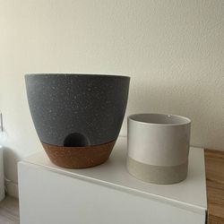 Grey Plastic and White Ceramic Flower Pots 