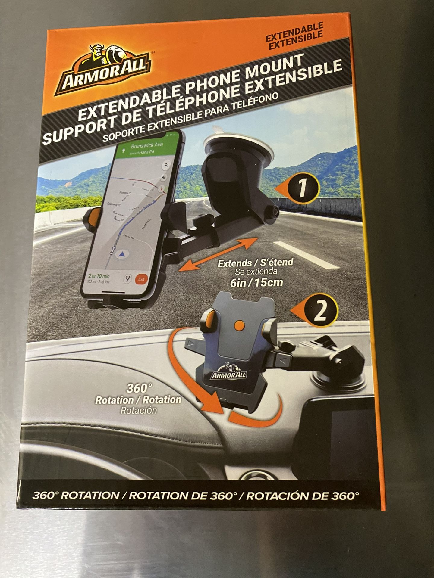 Armor All Phone Mount for Cars, Suction Dashboard & Windshield Phone Holder, 6 Inch Extendable Arm, 360° Rotation, Fits iPhone Max, Android, and All S