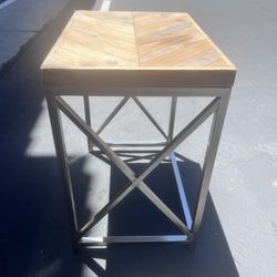 Chevron Wood Top Side Table Silver Metal X Frame