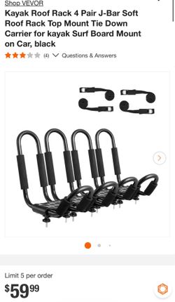 Kayak Roof Rack 4 Pair J-Bar Soft Roof Rack Top Mount Tie Down Carrier for kayak Surf Board Mount on Car, black