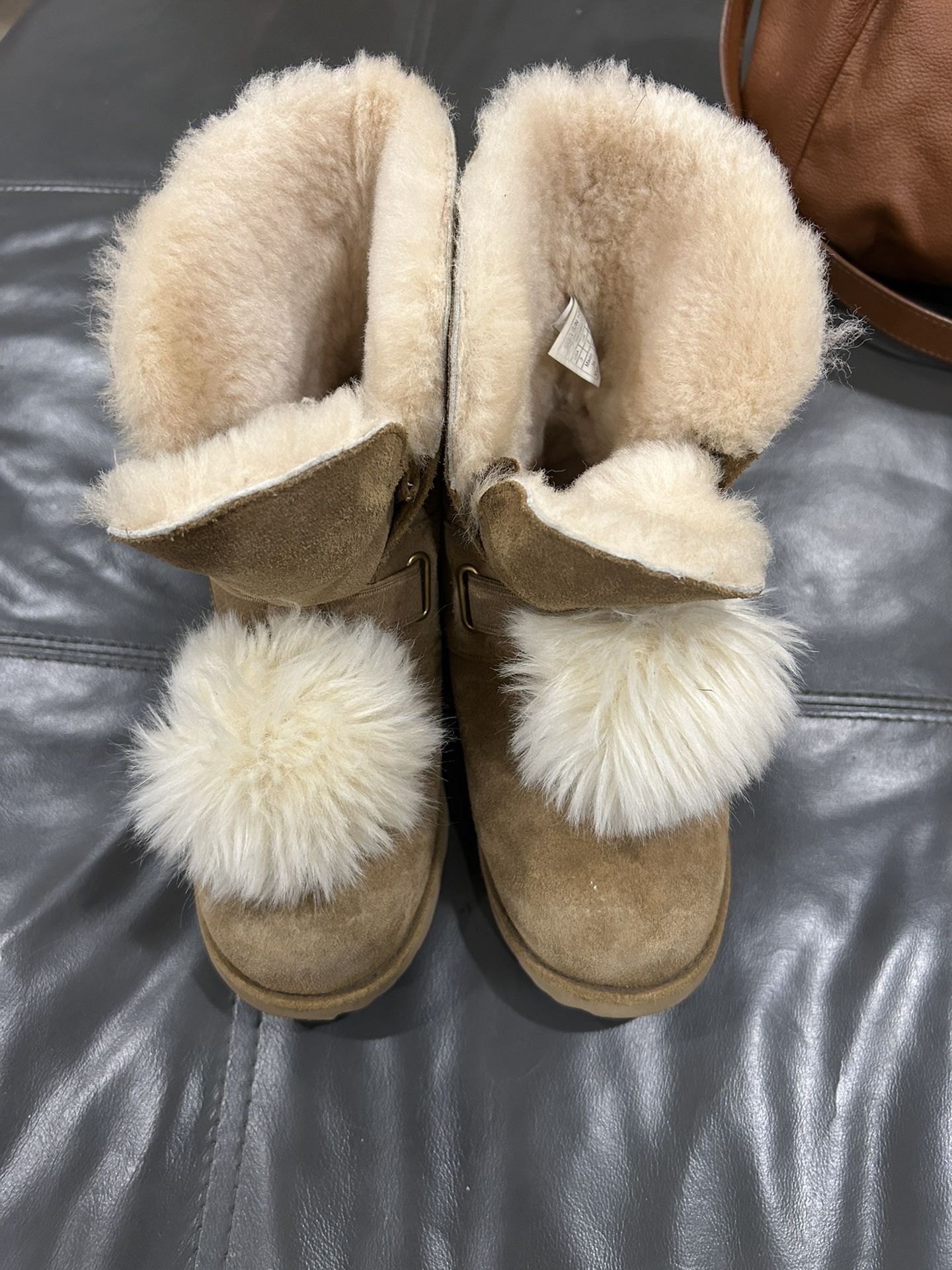 Uggs Chic Tan Boots with Fluffy Pom Poms