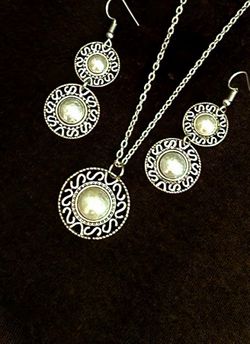 Shimmery Pearl Ethnic Tribal Necklace Earrings Set, 3 piece Jewelry Set for Her