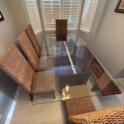 Large Custom Design Dining Glass Table with Center Stones + Rich Dark Wood Base and 5 Banana Leaf Rattan Chairs with Matching Bench