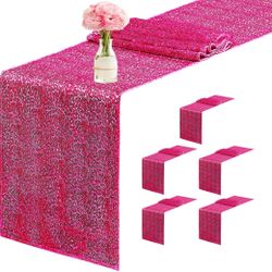 6 Packs 12 x 72 inches Sequin Table Runner, Hot Pink Glitter  - NEW (1615/2)