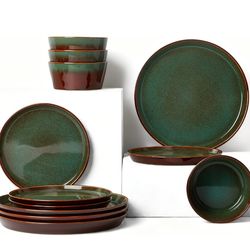Ceramic Dinnerware Set for 4 – Elegant Green Brown Finish 🍽️
