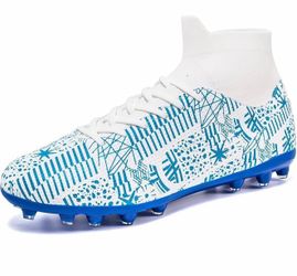 Men‘s Soccer Cleats Womens Men-High-Tops Slip-On Lace Up Football Shoes for Youth Soccer Shoes Indoor Outdoor AG FG White EU 44
