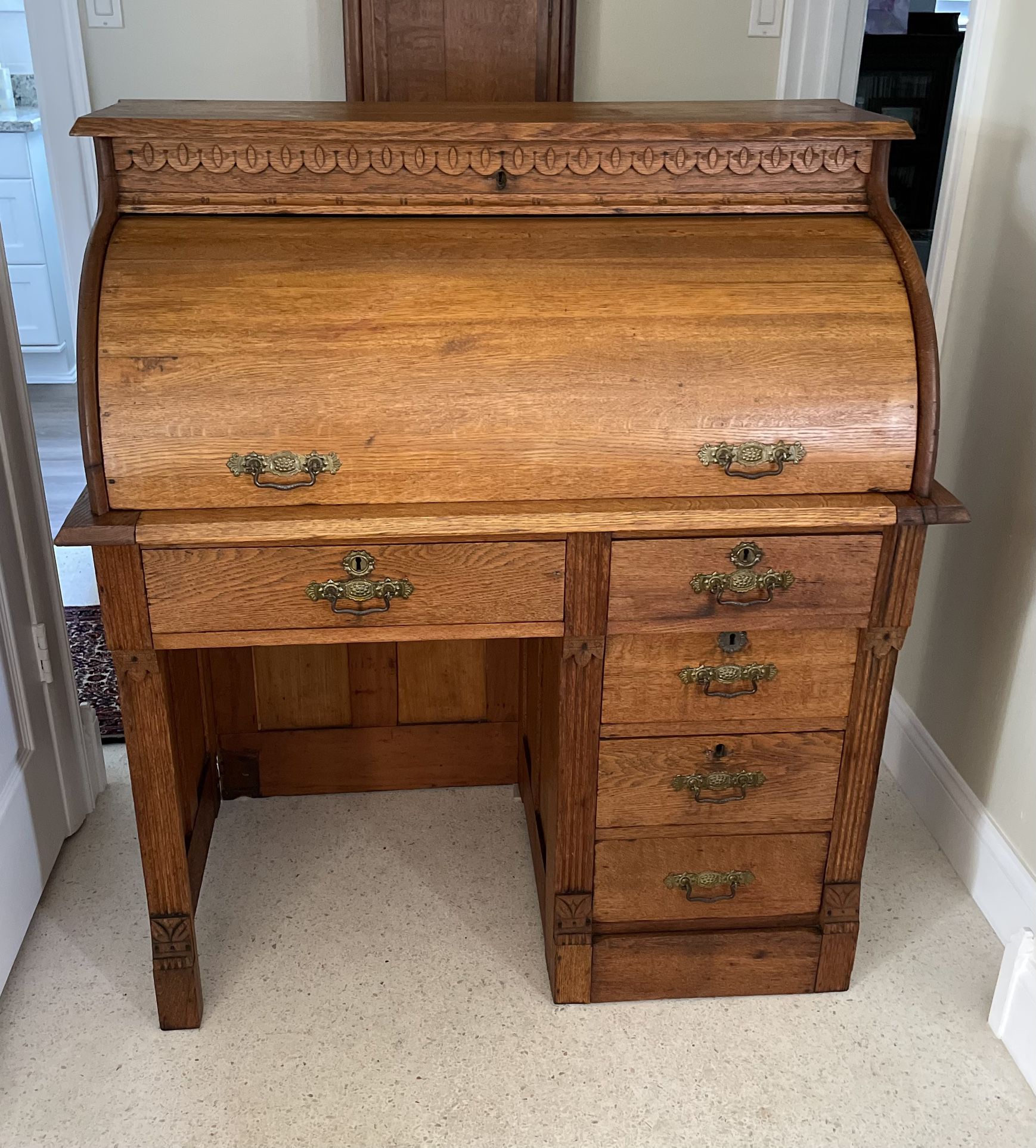 Antique 1800’s Eastlake Golden Oak Cylinder Roll Top Desk