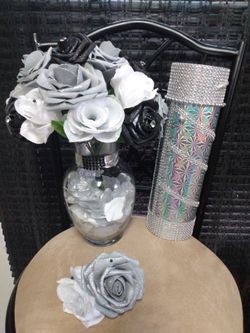 $45 Black/ White/ Silver roses with black/ white roses petals in vase, Includes: boutonniere, Silver rhinestones on Wine gift box.