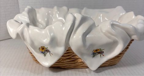Vintage Majolica Ceramic style Wicker Bread basket dish