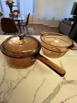 Vintage Corning Visions Amber Glass Cookware Set – 2 Pots + Interchangeable Lid
