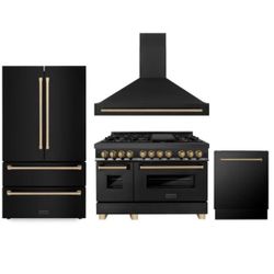 ZLINE 48" Autograph Edition Kitchen Package with Black Stainless Steel Dual Fuel Range, Range Hood, Dishwasher and Refrigeration with Champagne Bronze