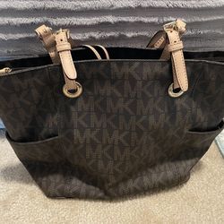 Brown/tan Michael Kors Jet Set tote with Wallet 