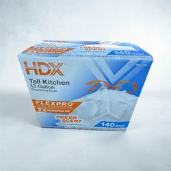 Brand new HDX trash bags. 13 gallon tall kitchen size. Has drawstring closure. Each box has 140 bags. Fresh scent with odor control. Flexpro tear-resi