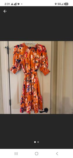 Orange Floral Print Midi Dress with Belt