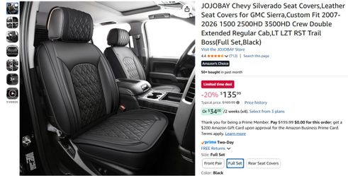 *NEW* Custom JOJOBAY *Full Set* Chevy Silverado, GMC Sierra PU Leather Black Car Seat Covers
