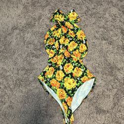 Zara Women Yellow Floral Halter Bodysuit 
