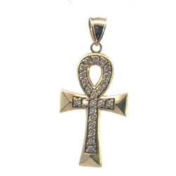 Men’s 10k Yellow Gold 1.75” Inch Clear Stone Egyptian Cross Pendant For Necklace GP3127527