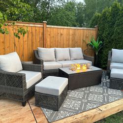 Beautiful Outdoor Furniture With Fire Pit From Costco All Cushions Are Made By Sunbrella 