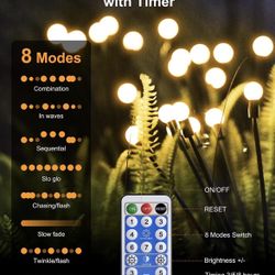  Solar Powered Firefly Lights, 4Pack 8LED Solar Garden Lights Waterproof with Remote USB Charging 8 Lighting Modes Swaying Solar Lights Outdoor Decora