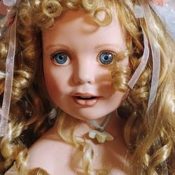 Giant Paradise Galleries Porcelain Doll 32 Inches Tall. Blonde Blue Eyes Original Tall