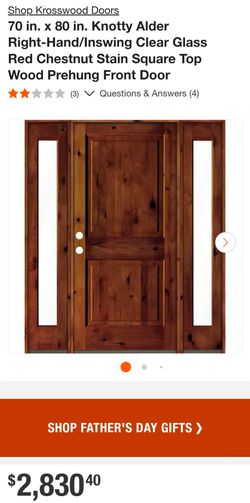 50% OFF - Krosswood 70"x80" Knotty Alder Front Door RH Inswing Clear Glass Red Chestnut Prehung