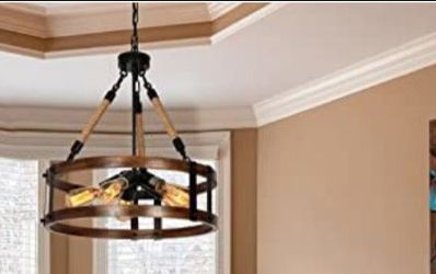 Voguad Farmhouse Rustic Chandelier Light Fixture, 5-Light Round Wooden