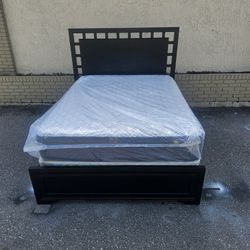 Black Queen Size Belcourt Bed Frame With Brand New Queen Size Plush Sealy Posture Pedic Hybrid Mattress And Box Spring In Plastic 