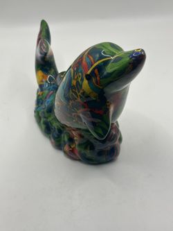 Vintage Dolphin Figurine, Blue Multicolor Tropical Fish Pattern