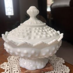 Vintage Fenton Sawtooth Hobnail White Milk Glass Footed Candy/Bon Bon Dish