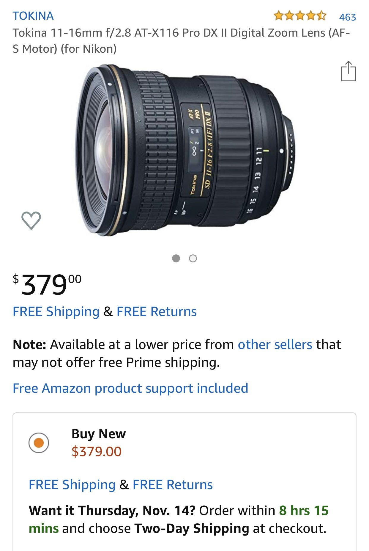 Tokina 11-16mm f/2.8 AT-X116 Pro DX II Digital Zoom Lens (AF-S Motor) (for Nikon)