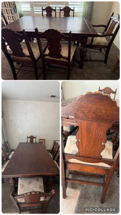 Vintage Solid Wood Dining Table Set – 6 Chairs – Classic Antique Style