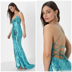 New Sparkly Sequin Mermaid Prom Spaghetti Straps Backless Long Formal Gown Sz- 10