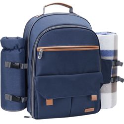 Sunflora Picnic Backpack for 4 Person Set Pack with Insulated Waterproof Pouch for Family Outdoor Camping (Navy Blue)