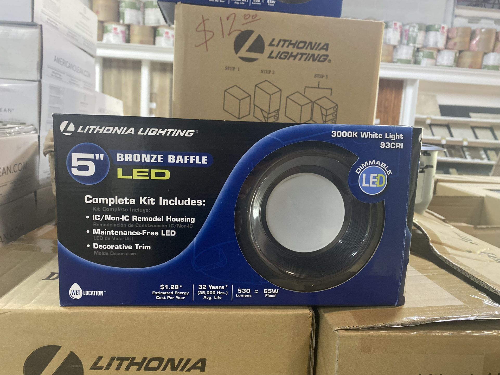 New Lighting LED 5” Bronce Baffle 530 Lumens 65W Flood 3000K White Light Complete Kit  