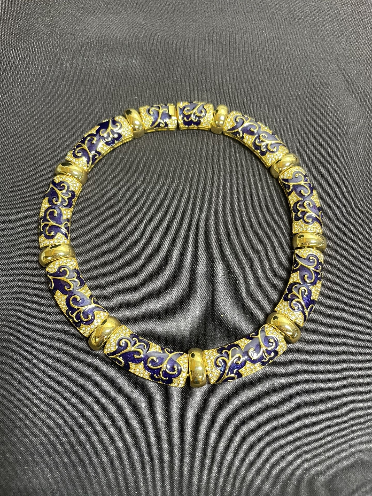 Signed Piscitelli VTG Polish Gold Navy Enamel & Crystal Rhinestones Necklace 16"
