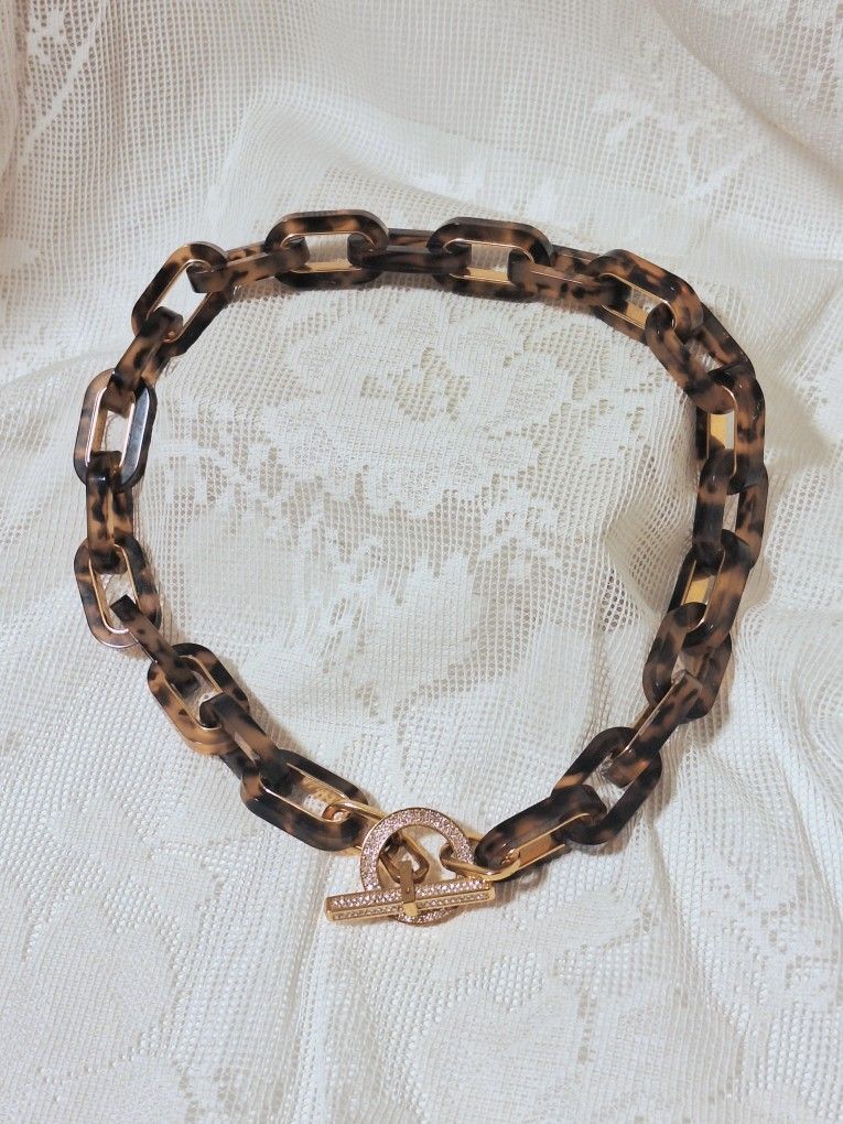 'Michael Kors' tortoise shell necklace oblong links, silver rhinestones, 19"