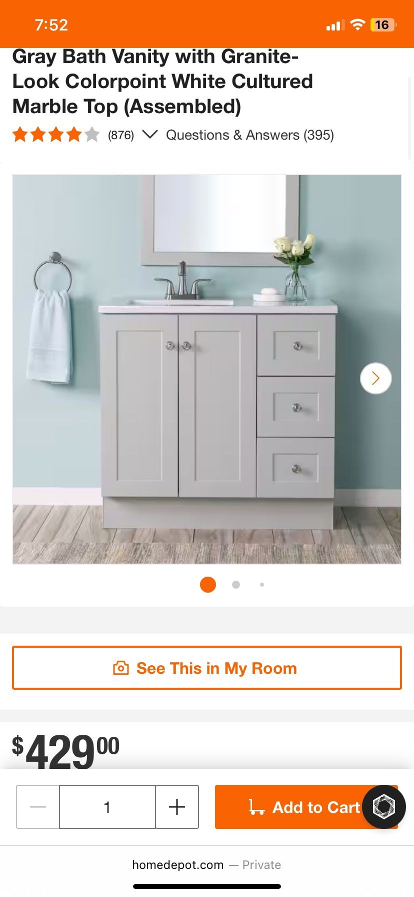 Glacier Bay Bannister 37 in. Single Sink Pearl Gray Bath Vanity with Granite-Look Colorpoint White Cultured Marble Top (Assembled)