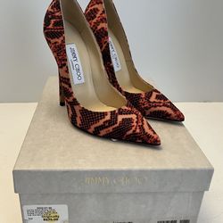 Jimmy Choo Anouk Red Mandarin Snake Print Fabric Pumps 35.5 / 5.5US. New In Box.