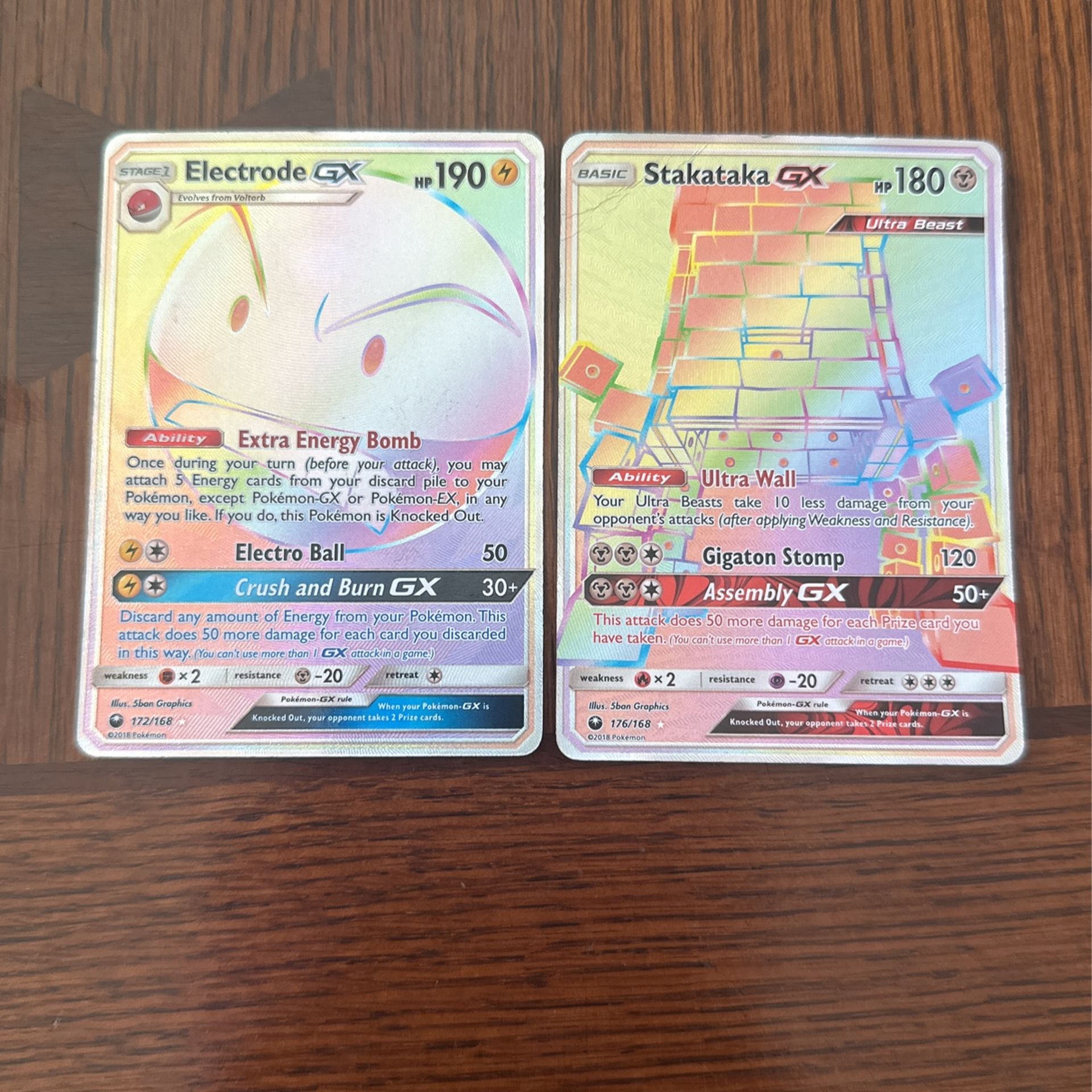Stakataka Rainbow Rare GX and Electrode Rainbow Rare GX