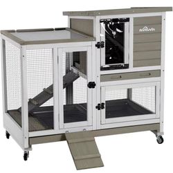 Upgrade Rabbit Cage Indoor Bunny Hutch with Run with Two Deeper No Leak Trays - 4 Casters Include for Outdoor (Mocca)