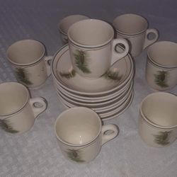 Antique Set of 8 Syracuse China, Pine Cone Pattern Small Tea Cups 2 1/2" x 2 1/2" & Saucers 4" x 4" 
