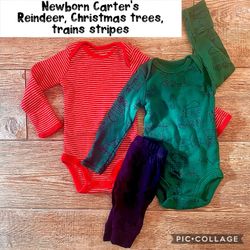 Newborn Carter’s Baby Girl, Boy Unisex black pants, Christmas Red Stripes & Forest Green, Reindeer, Trains Trees
