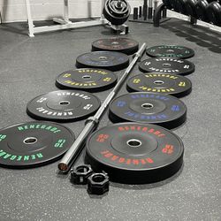 Brand New Renegade 260 Pound Olympic Bumper Plate Set With Chrome CrossFit Olympic Barbell and Collars Free Delivery 
